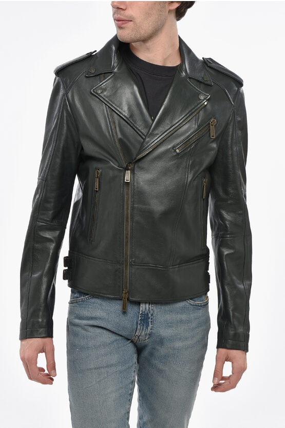 Dsquared2 Leather Biker Jacket With Logoed Buttons In Black