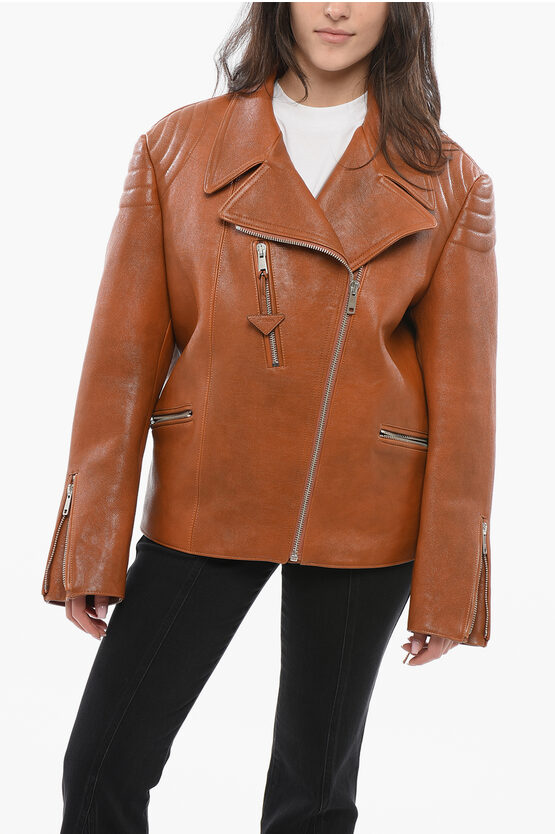 Prada Leather Biker Jacket With Vintage Effect