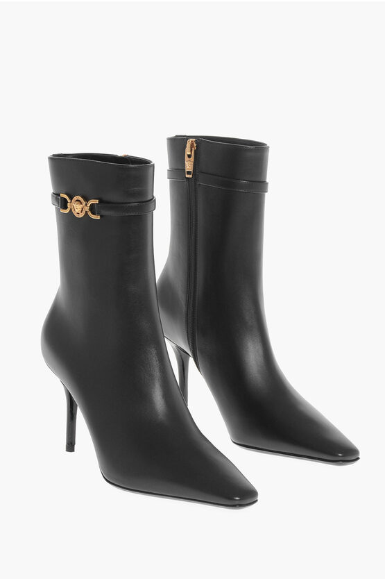 Versace Leather Booties With Logoed Strap And Stiletto Heel 9cm