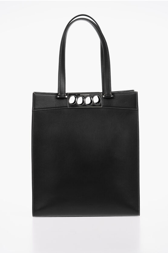 Alexander Mcqueen Leather Brass Knuckles Tote Bag With Visible Stitchings In Black