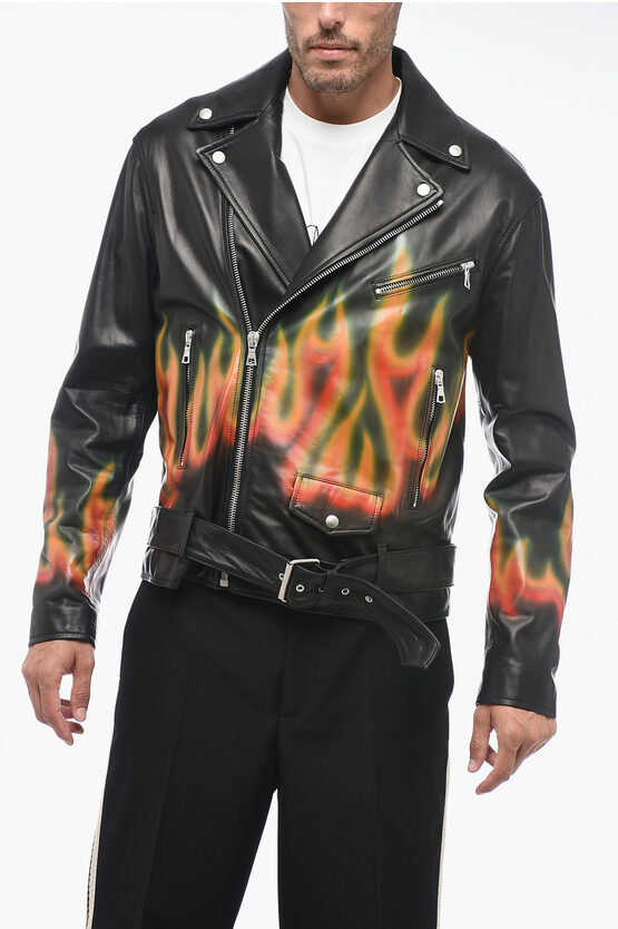 Shop Palm Angels Leather Burning Biker Jacket With Flames Motif