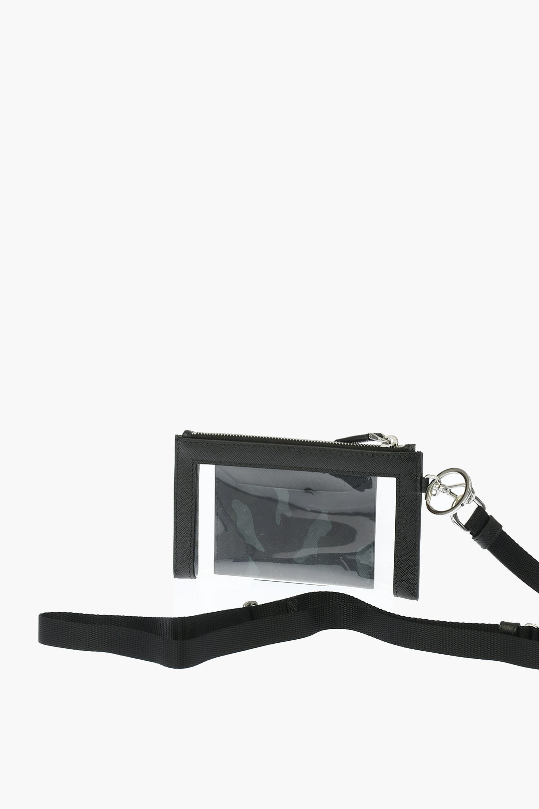 Prada Saffiano Leather Card Holder With Shoulder Strap in Black