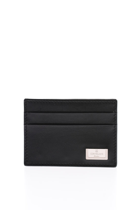 Corneliani Leather Card Holder With Silver Logo Tag In Black