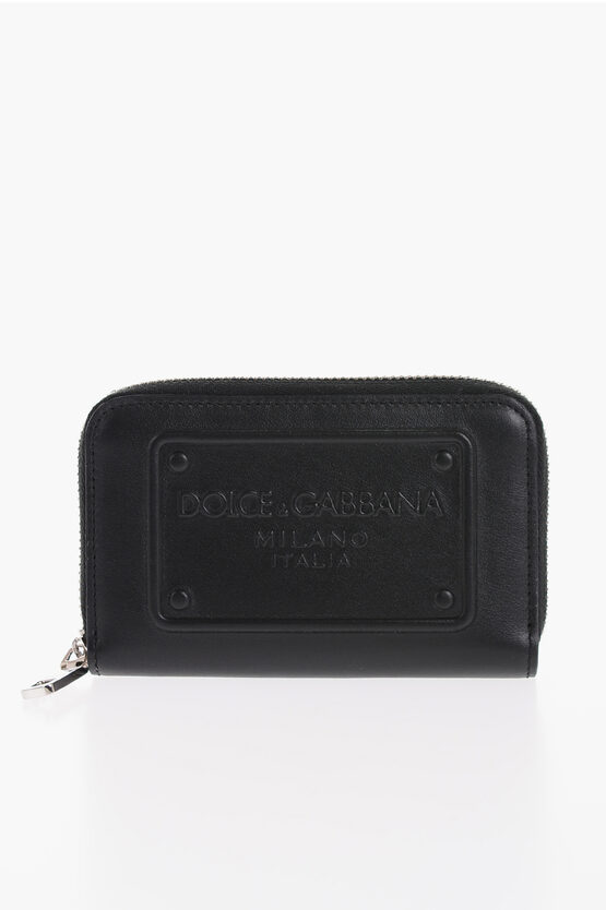 Dolce & Gabbana Leather Card Holder With Zip Closure And Embossed Logo In Black