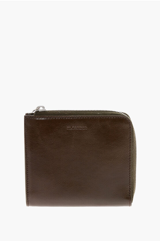 Jil Sander Leather Card Holder With Zip Closure In Brown