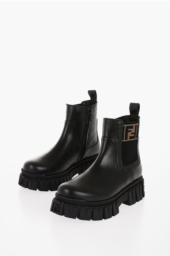 Fendi Leather Chelsea Booties With Ff Monogram In Black