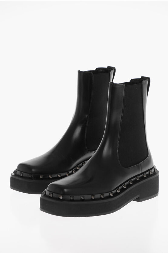 Shop Valentino Leather Chelsea Booties With Studded Detail