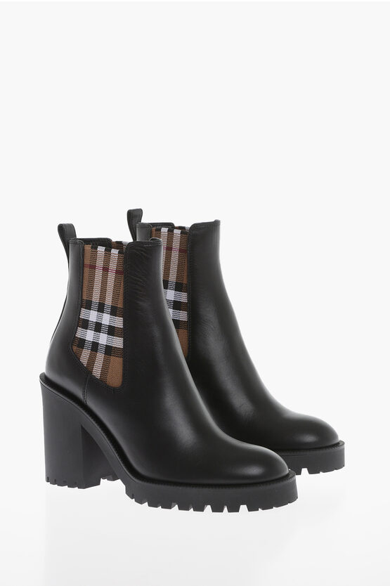 Shop Burberry Leather Chelsea Booties With Tartan Elastic 9cm