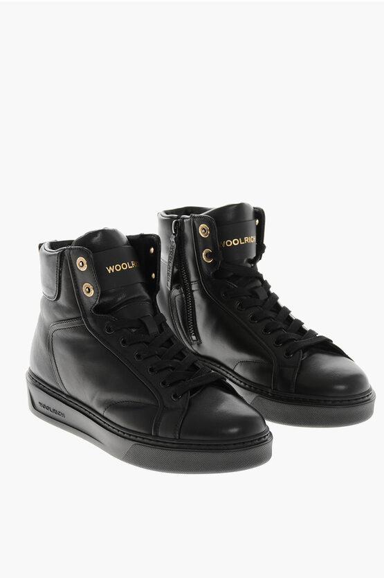 Woolrich Leather Classic Court Lace-up Sneakers With Zip In Black