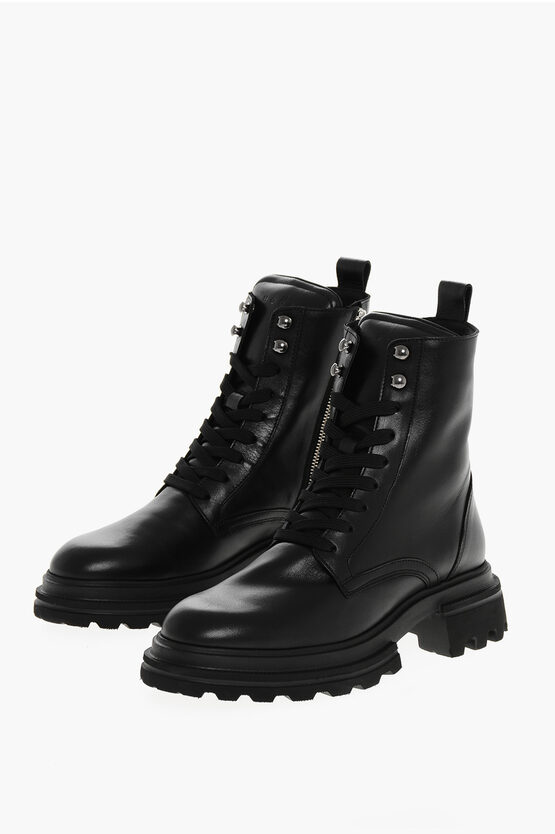 Hogan Leather Combat Booties With Inner Zip In Black
