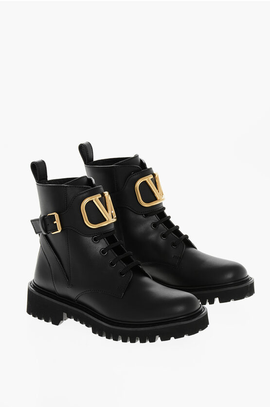 Valentino Leather Combat Booties With Logoed Strap In Black