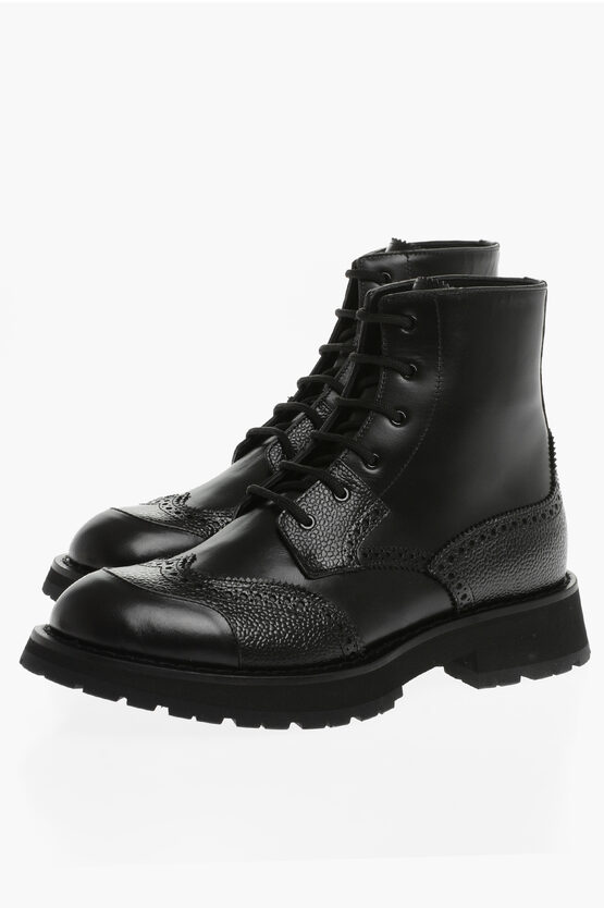Alexander Mcqueen Leather Combat Boots With Brogues Detail In White