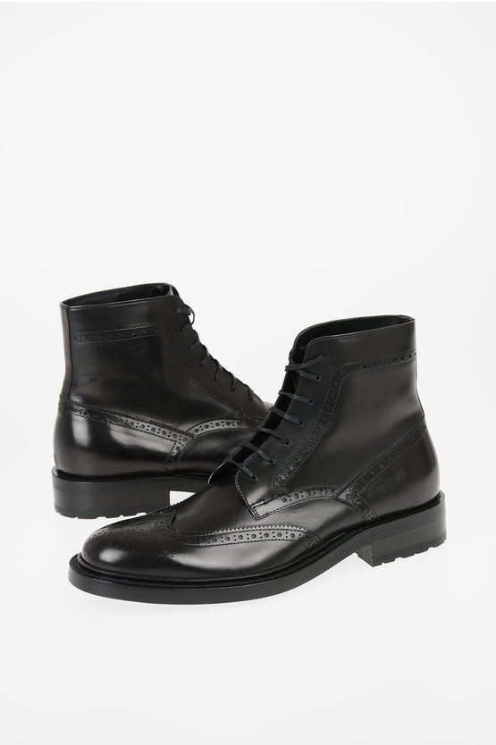 Saint Laurent Leather Combat Boots With Brogues Details In Blue