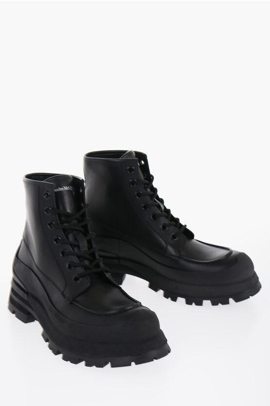 Shop Alexander Mcqueen Leather Combat Boots With Chunky Sole