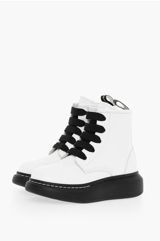 Alexander Mcqueen Leather Combat Boots With Rubber Sole In White