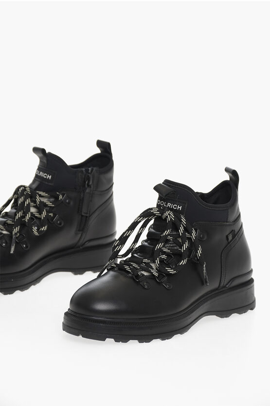 Woolrich Leather Combat Boots With Side Zip In Black
