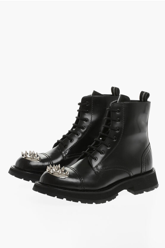 Alexander Mcqueen Leather Combat Boots With Statement Studs Detail In Black