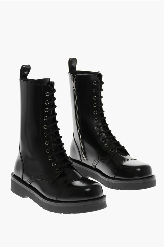 Shop Valentino Leather Combat Boots With Zip And Rear Embossed Logo