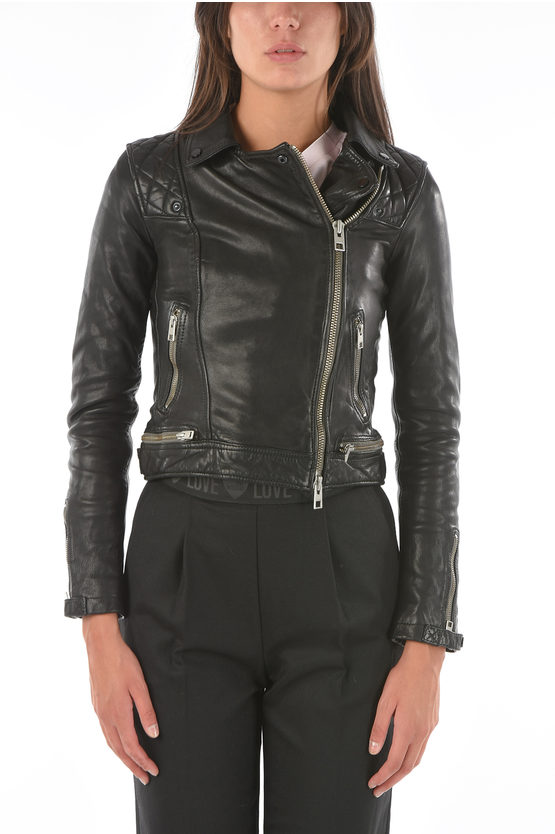 AllSaints Leather CONROY Biker Jacket with Quilted Details women