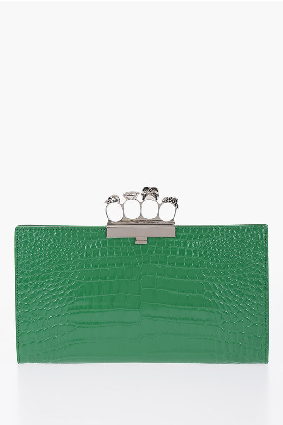 Shop Alexander Mcqueen Leather Croco-effect Clutch With Jewelles Closure