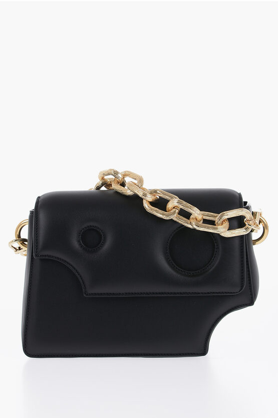 Off-white Leather Crossbody Bag With Cut-out Details And Golden Chain In Black