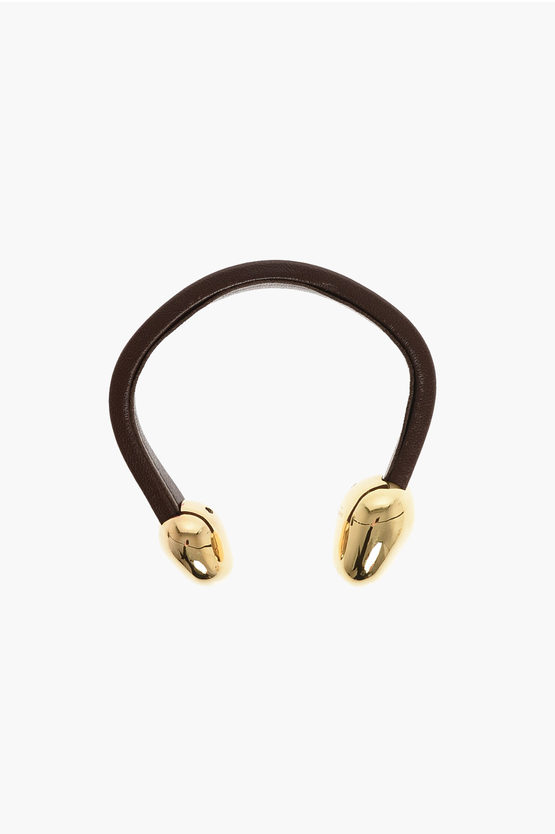 Shop Bottega Veneta Leather Cuff Bracelet With Brass Details
