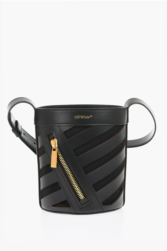 Shop Off-white Leather Cut-out Diag Bucket Bag With Drawstring