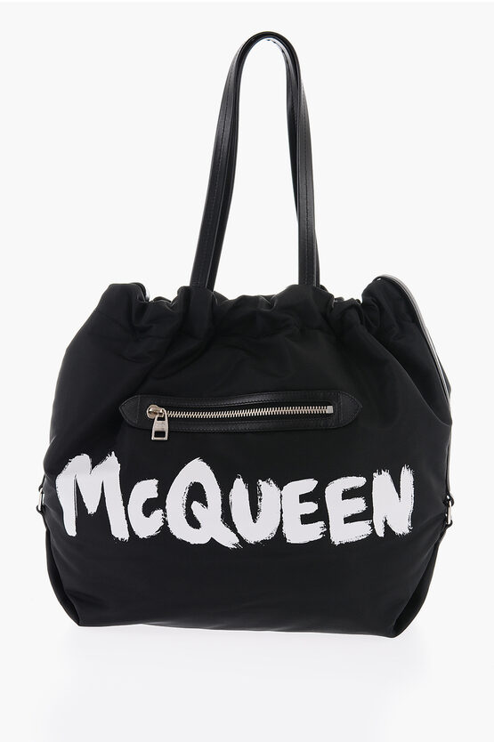 Alexander Mcqueen Leather-detailed The Bundle Tote Bag With Graffiti Logo Prin In Black