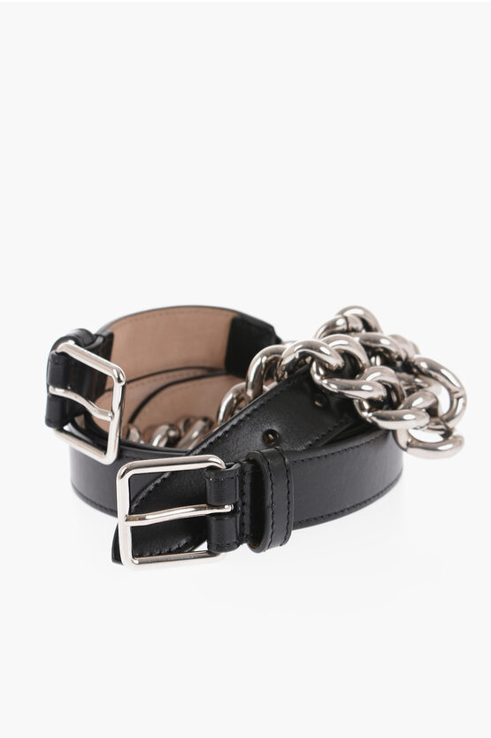 Alexander Mcqueen Leather Double Belt With Chain Detail 25mm In Black