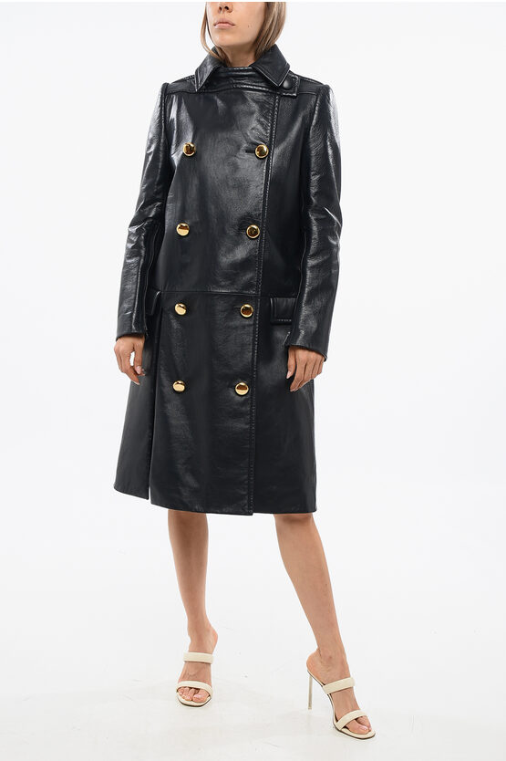 Prada Leather Double Breasted Coat With Golden-effect Buttons In Black