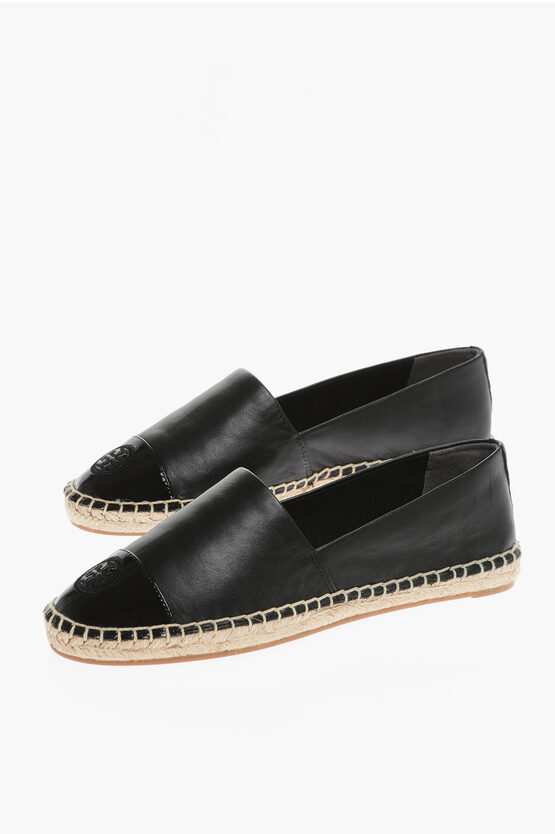 Tory Burch Leather Espadrilles With Patent Toe In Black