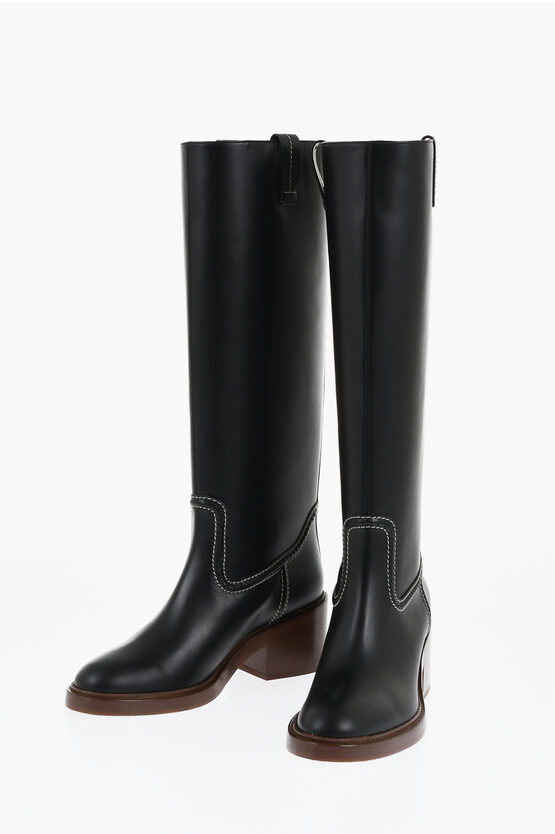 Chloé Leather Evening Under The Knee Boots With Visible Stitchings In Black