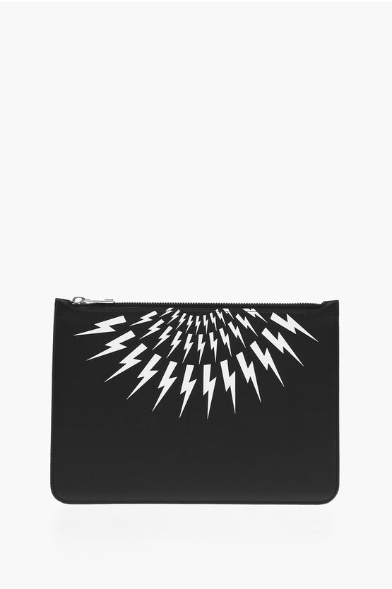 Neil Barrett Leather Fair-isle Thunderbolt Pouch With Zip Closure In Black