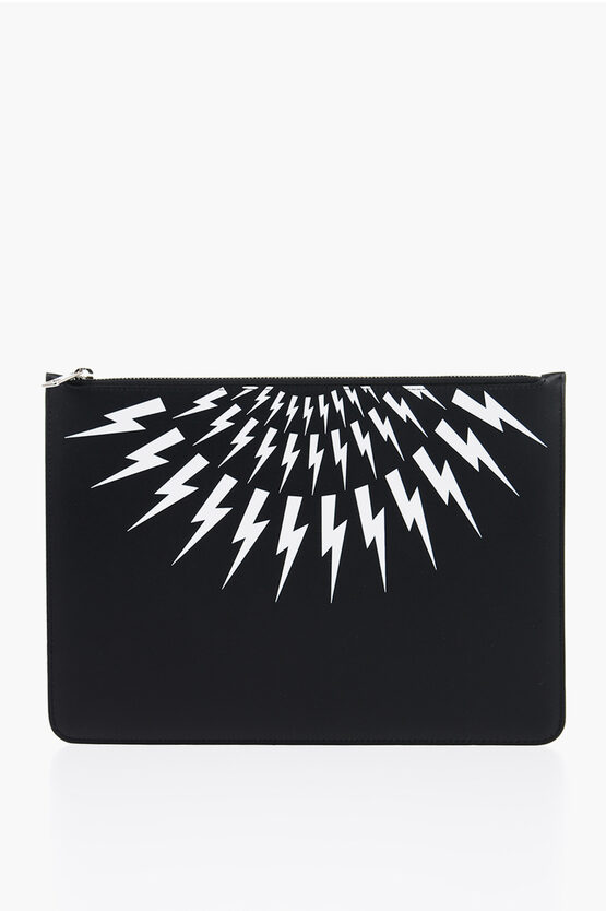 Shop Neil Barrett Leather Fair-isle Thunderbolt Pouch With Zip Closure