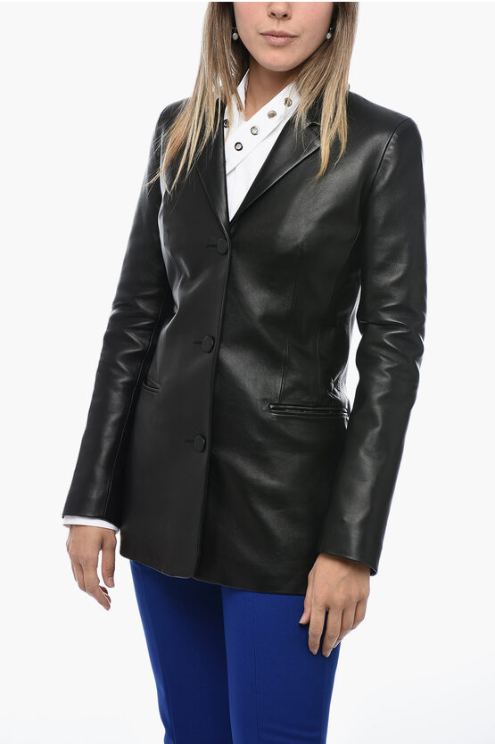 Shop Off-white Leather Fitted Blazer With Welt Pocket