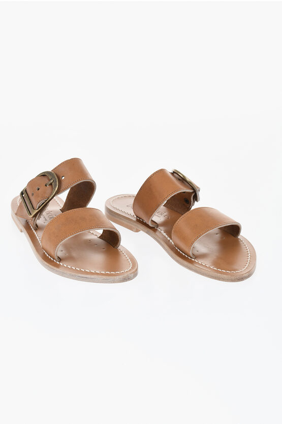 K. Jacques Saint Tropez Leather Flat Sandals Carcaso With Double Buckle In Brown
