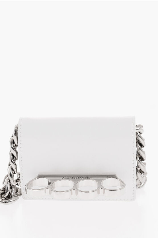 Alexander Mcqueen Leather Four Ring Card Holder With Chain Shoulder Strap In White
