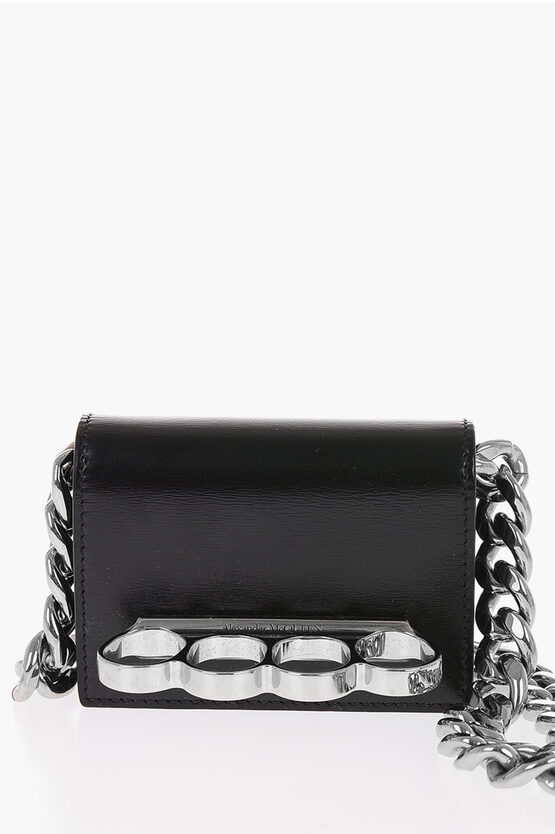 Alexander Mcqueen Leather Four Ring Card Holder With Chain Shoulder Strap In Black