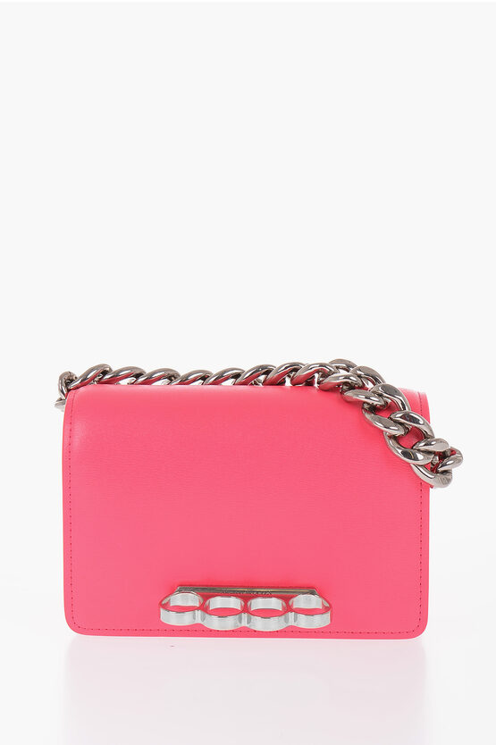 Alexander Mcqueen Leather Four Ring Clutch With Silver-tone Chain In Pink