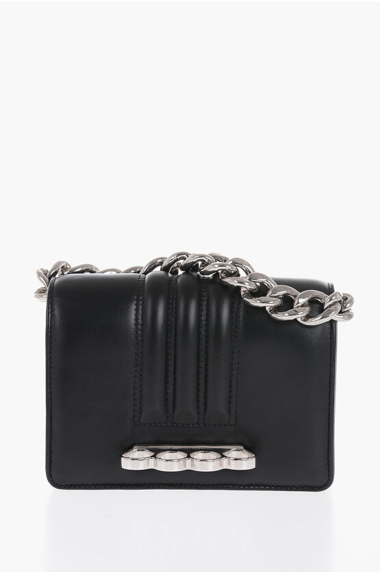 Alexander Mcqueen Leather Four Ring Mini Shoulder Bag With With Silver-colored In Black