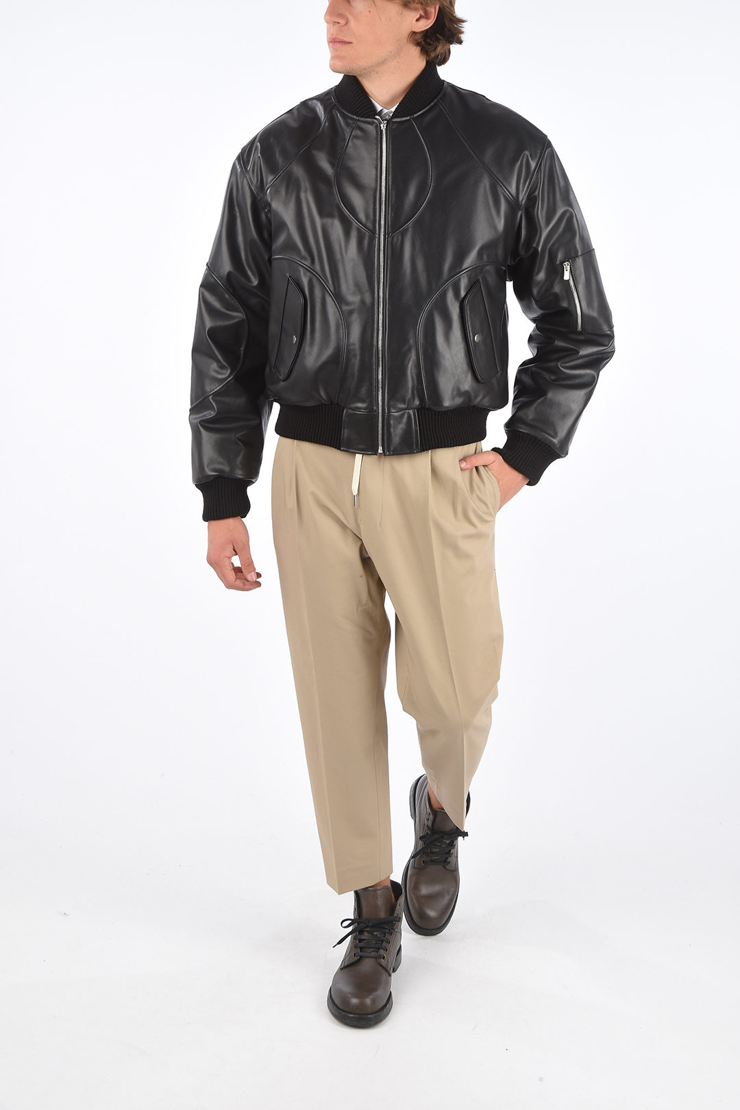 Men's Two-Tone Leather Bomber Jacket with Zip Front