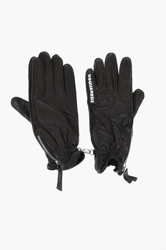 Dsquared2 Leather Gloves With Half Zip And Embossed Logo Grösse 8