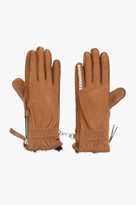 Dsquared2 Leather Gloves With Half Zip And Real Fur Inner Grösse 7