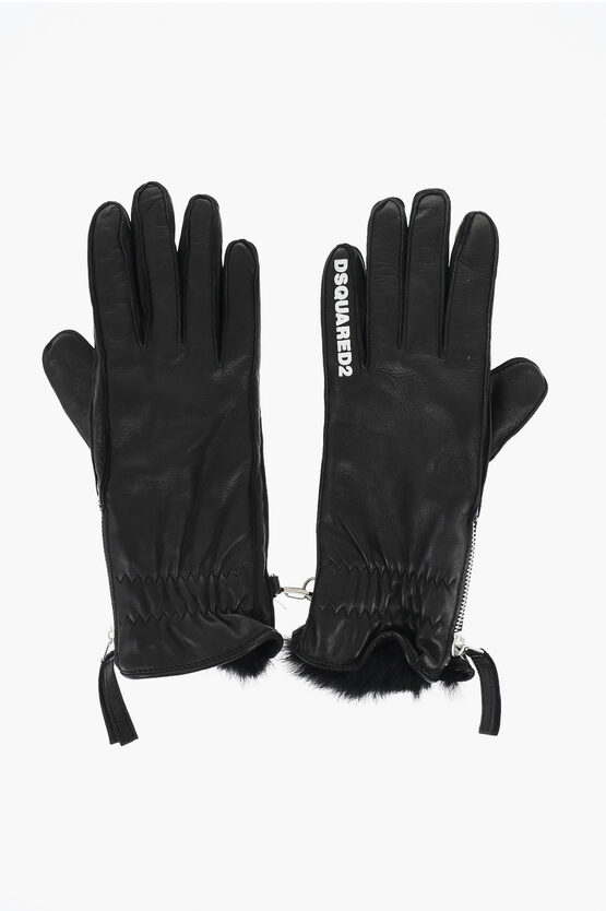 Dsquared2 Leather Gloves With Half Zip And Real Fur Inner Grösse 7