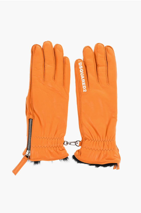 Dsquared2 Leather Gloves With Half Zip And Real Fur Inner Grösse 7
