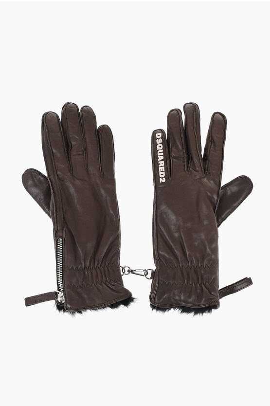 Dsquared2 Leather Gloves With Half Zip And Real Fur Inner Grösse 7