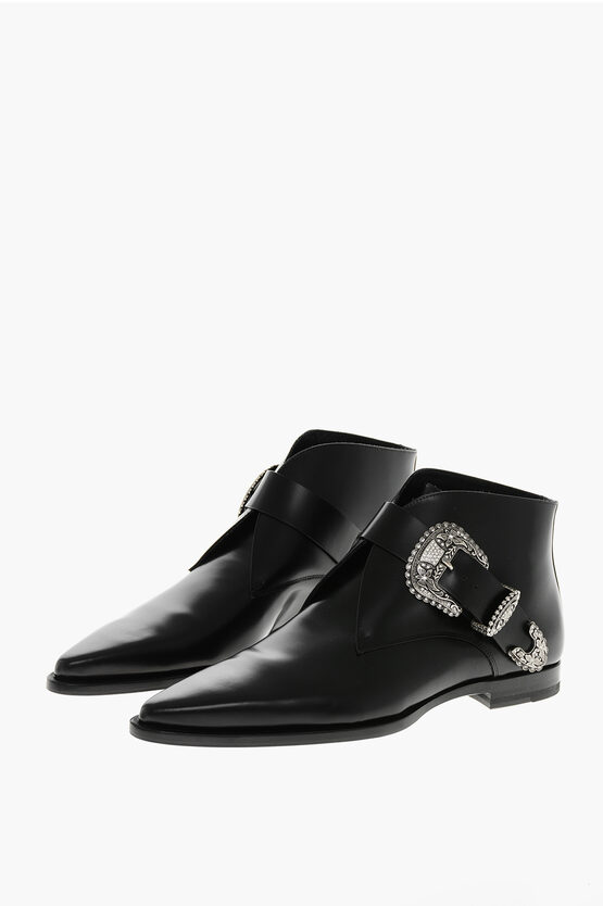 Dsquared2 Leather Gothic Point Toe Booties With Buckle In Black