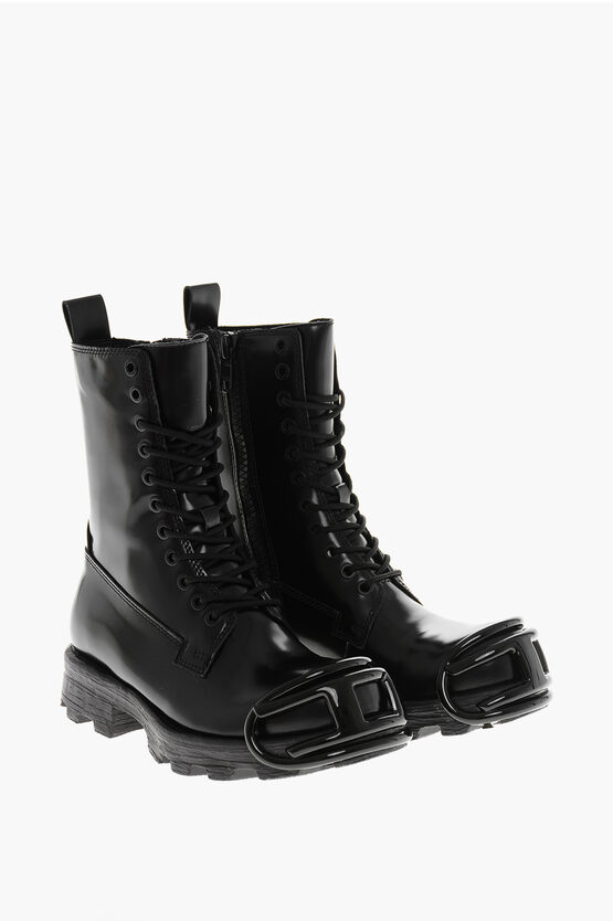 Diesel Leather Hammer Combat Booties With Logoed Toe In Black