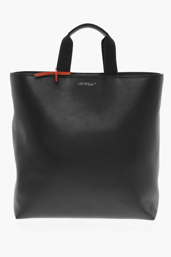 Off-white Leather Hard Core Tote Bag With Removable Shoulder Strap In Brown