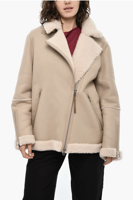 Woolrich Leather Harmony Biker Jacket With Sherpa Details In Neutral